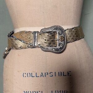 Vintage Western Gold Metallic Leather Belt Silver Whipstitch Floral Buckle 1094